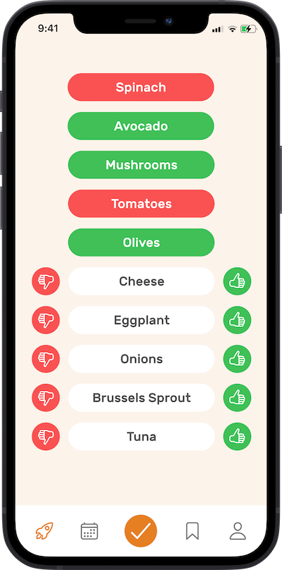 Omnifood app's preferences selection screen, displayed on an iPhone