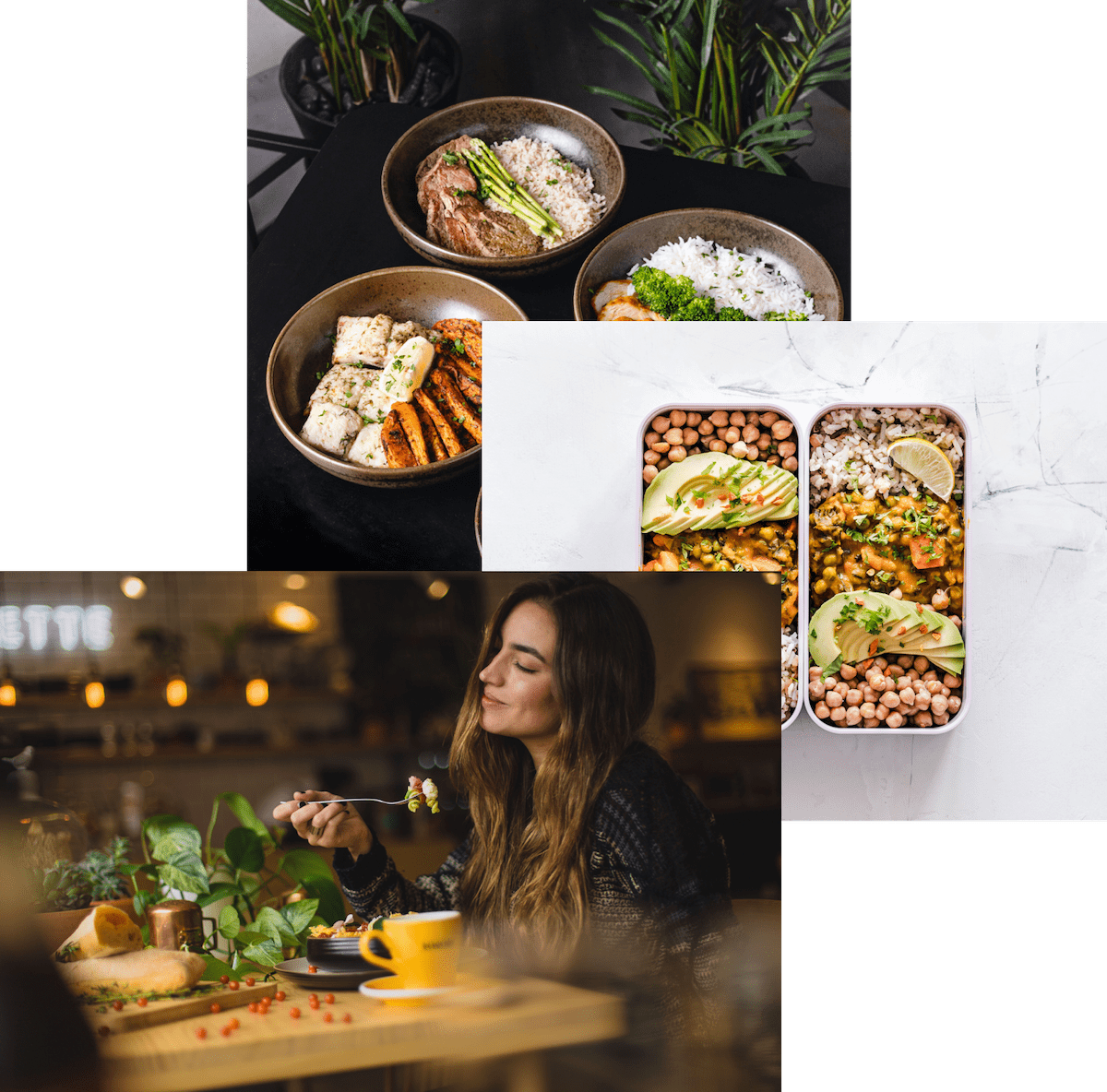 Multiple ways to enjoy Omnifood (Woman enjoying food, meals in storge container, and food bowls in a table)