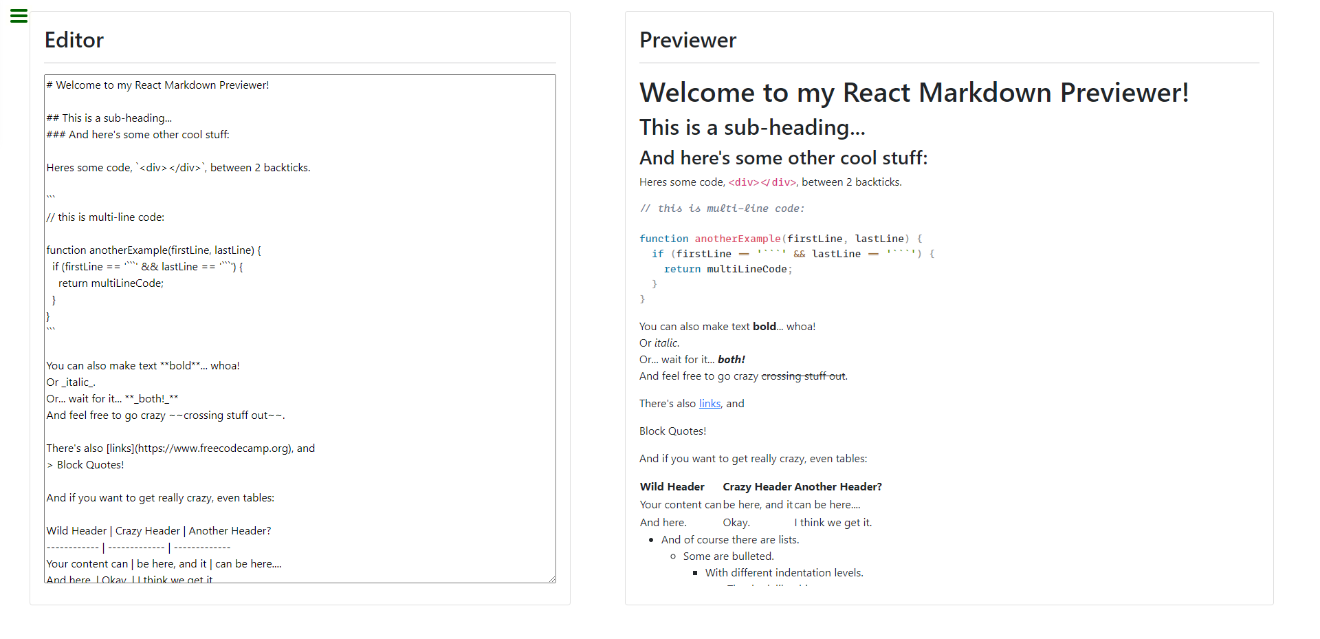 Screenshot of the Markdown Previewer project